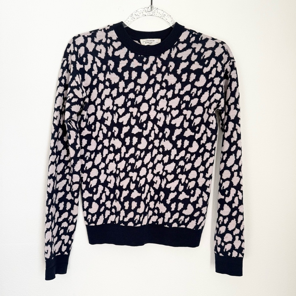 & OTHER STORIES 100% WOOL NAVY BEIGE PATTERNED JUMPER SIZE XS Animal Print